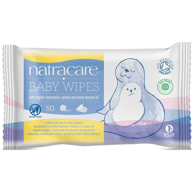 Natracare Șervețele umede pentru bebeluși cu mușețel organic, caisă și ulei de migdale dulci – 50 bucăți