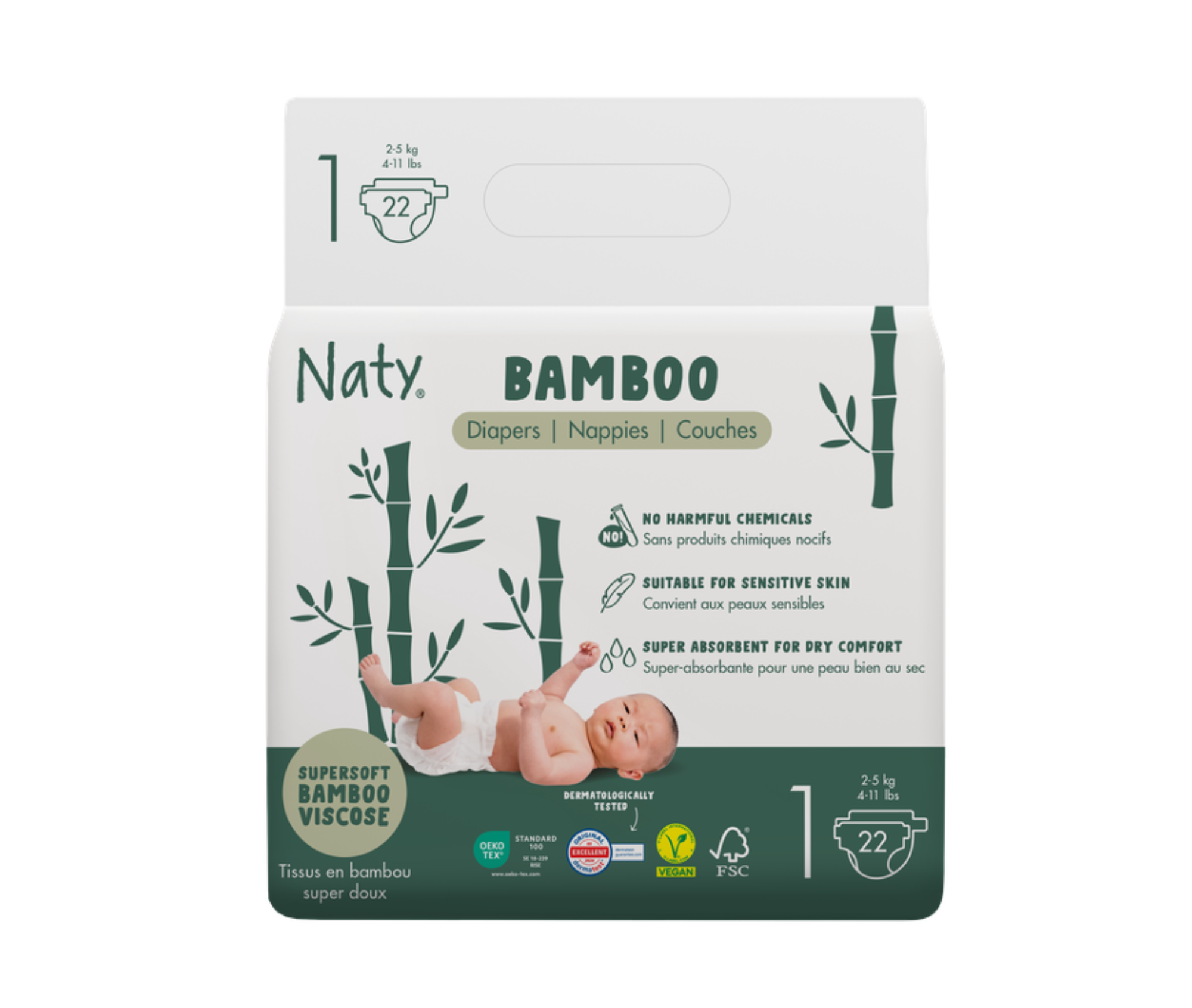 Scutece ecologice din bambus Naty, mărimea 1 (2–5 kg) – 22 bucăți