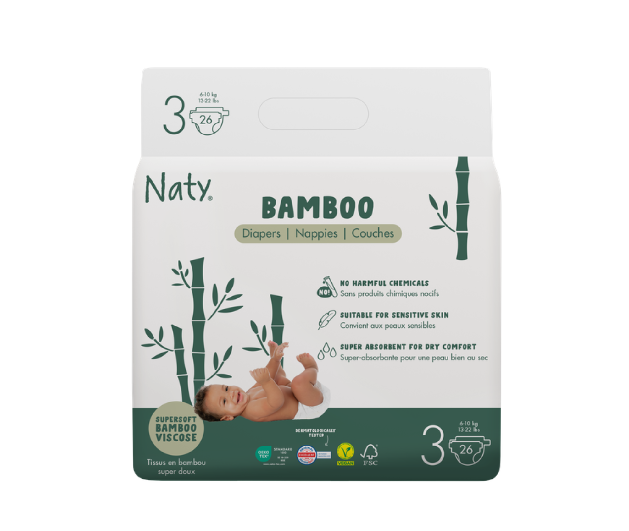 Scutece pentru bebeluși Naty din viscoză de bambus, mărimea 3 – 26 bucăți