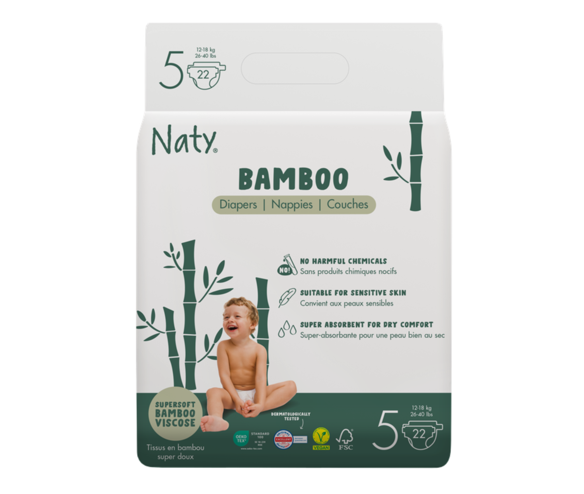 Scutece ecologice din bambus Eco by Naty, mărimea 5 (12–18 kg) – 22 bucăți