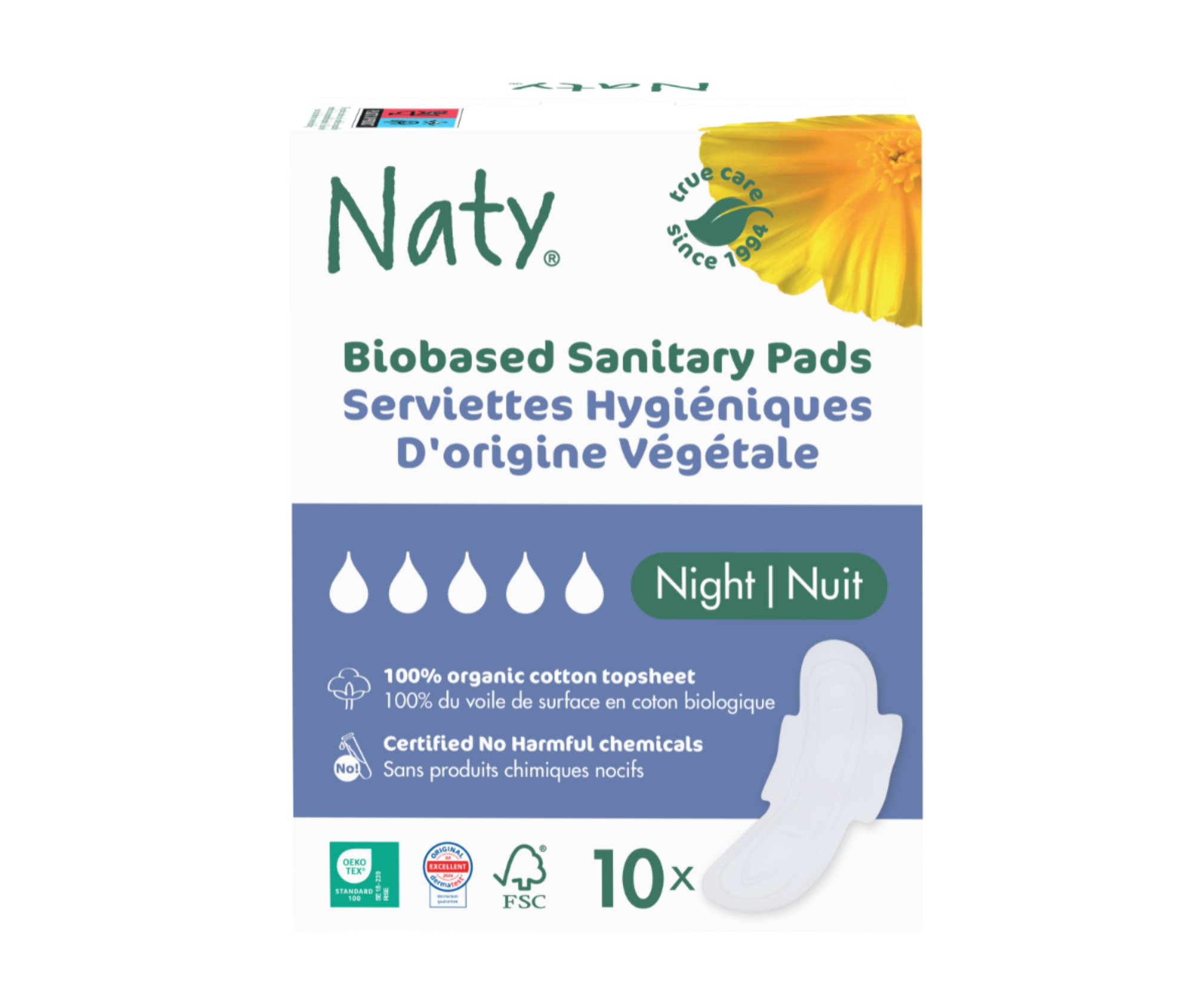 Absorbante igienice Eco by Naty Extra Night Plus pentru noapte, cu aripioare (nivel de absorbție: 5 picături) – 10 bucăți