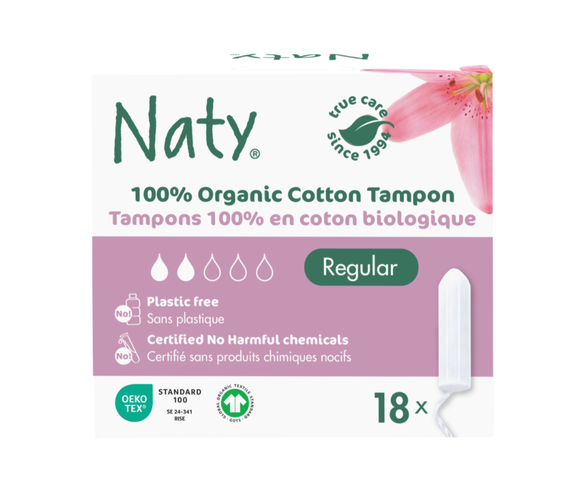 Tampoane Naty Regular, fără aplicator – 18 bucăți