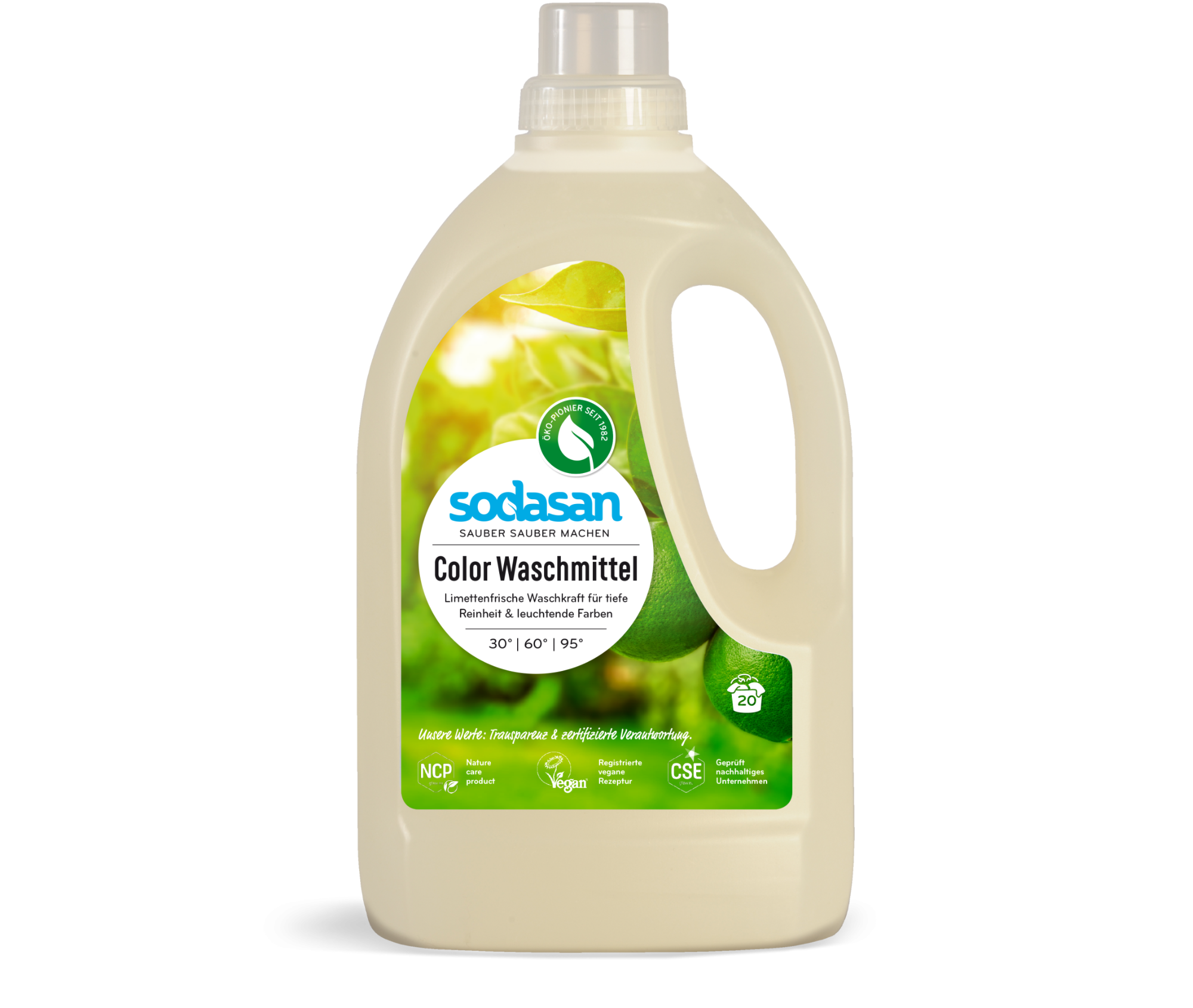 Detergent lichid bio SODASAN Lime pentru spălarea rufelor albe și colorate, 1,5 l