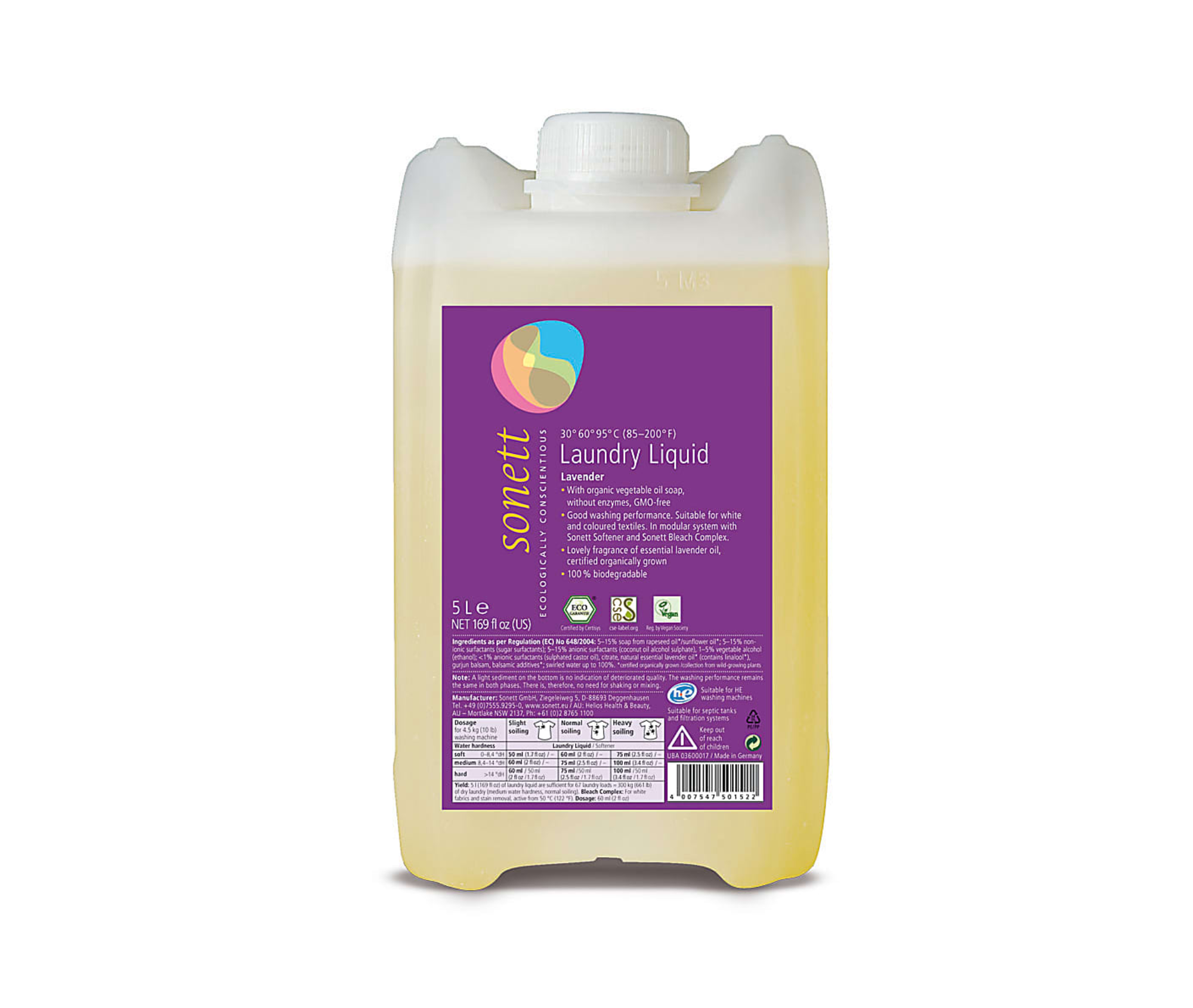 Gel organic concentrat pentru spălarea rufelor Sonett, cu ulei esențial de lavandă, 5 L